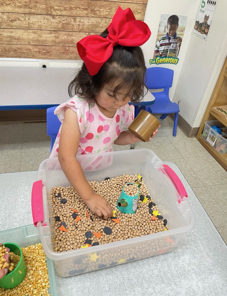 A girl exploring a sensory bin